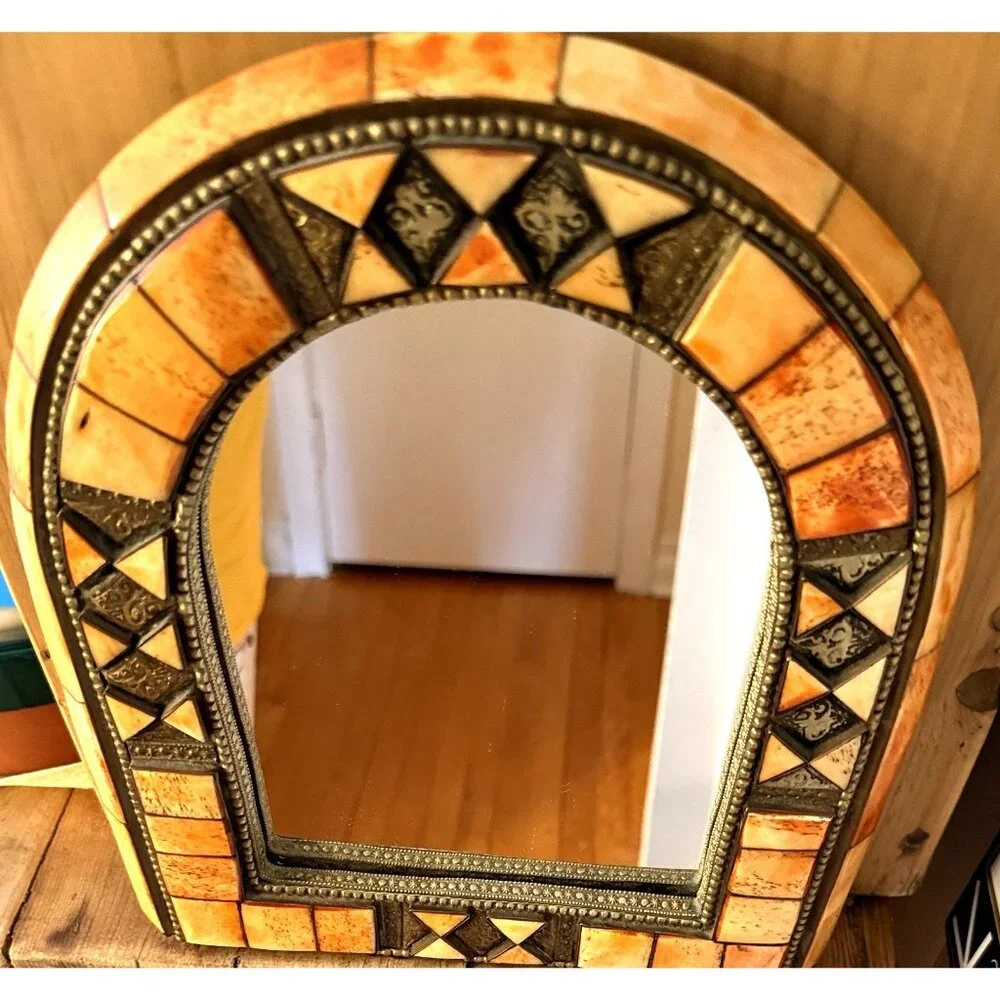 Moroccan Mirror Brass Camel Bone Wood Arched Vintage 10.5 x 9.5" - Picture 5 of 10